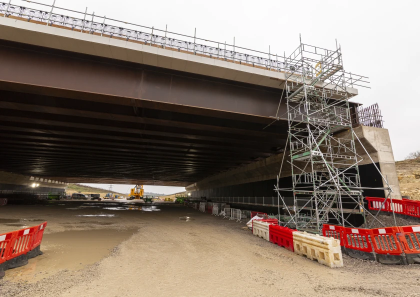 Altrad Generation's scaffold stair towers, traffic barriers, and crowd barriers in use at HS2's Turweston Green Bridge.