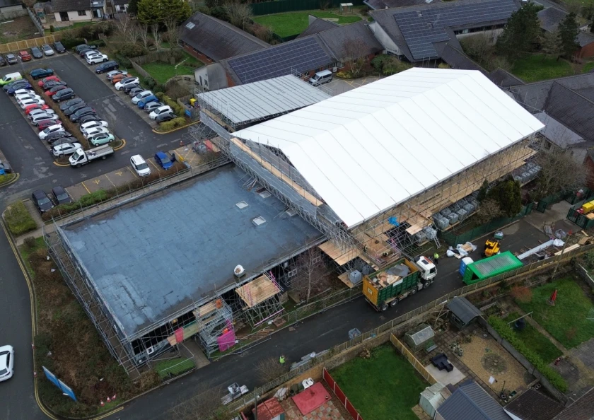 Completed scaffolding temporary roof solution for Bro Cerwyn Centre roof refurbishment